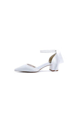 Pointed Toe Double Pearl Ankle Strap Party Shoes With Ribbon Tie