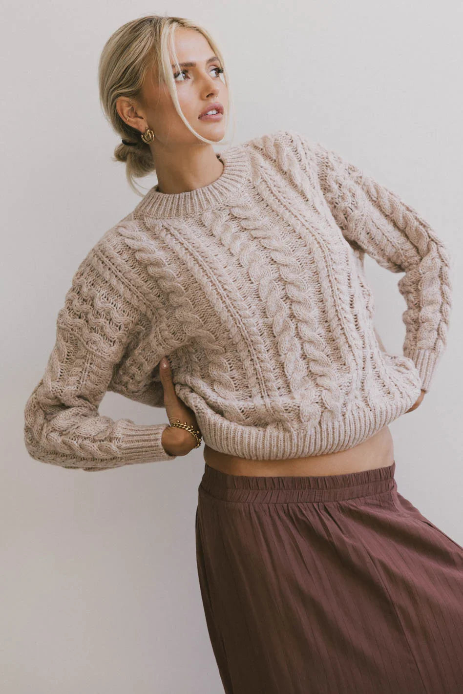Annie Cable Knit Sweater in Taupe FINAL SALE