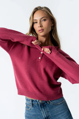Meli Button Front Knit Sweater in Berry