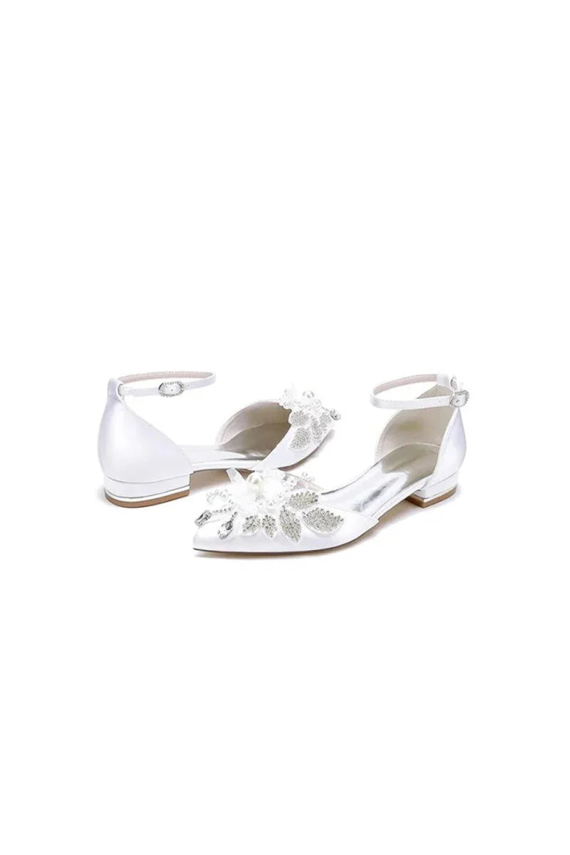 White Pointed Toe Ankle Strap Low Heels with Rhinestone