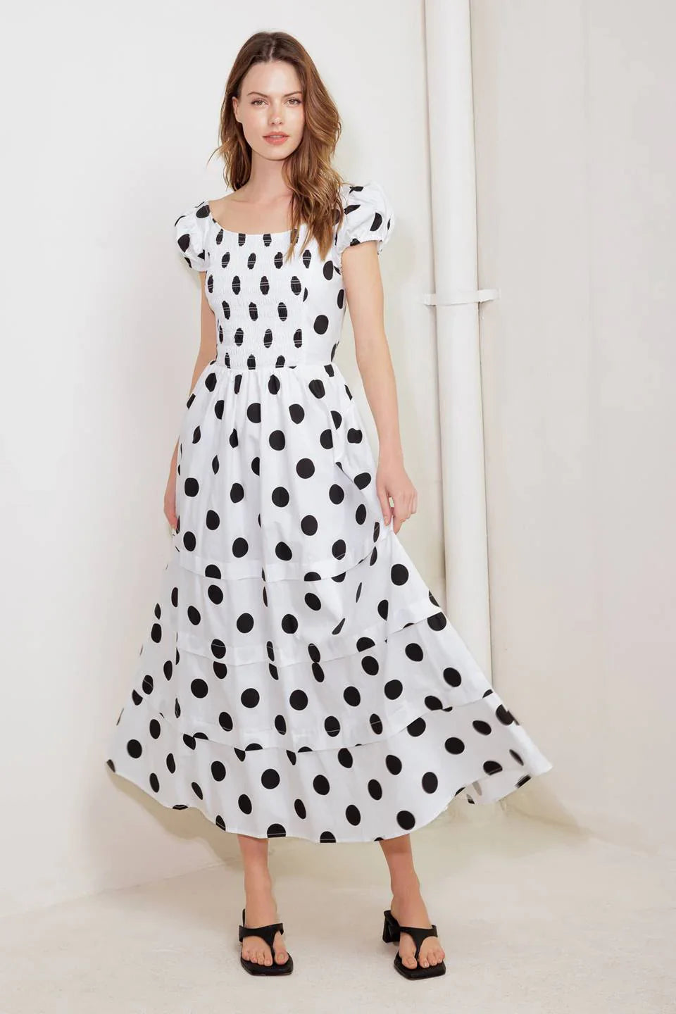 SHORT SLEEVE WHITE BLACK POLKA DOT MIDI DRESS