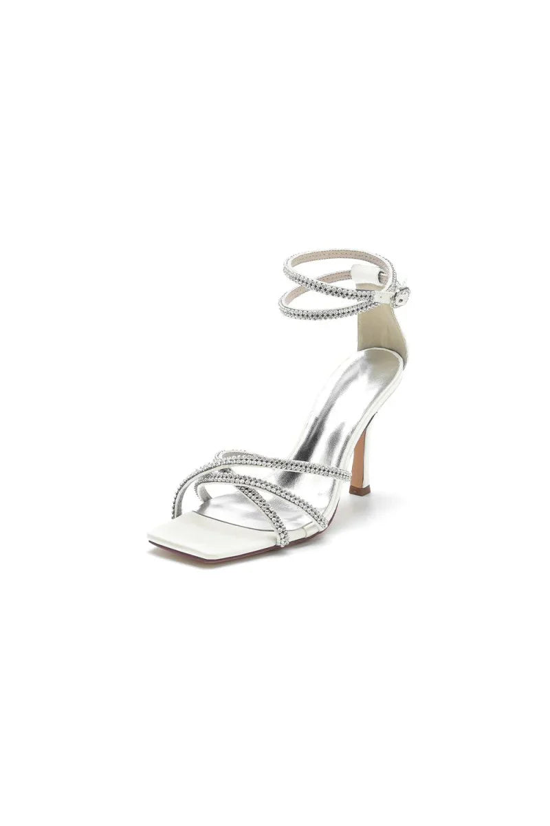 Square Open Toe Beaded Strap Buckle Stiletto Heels