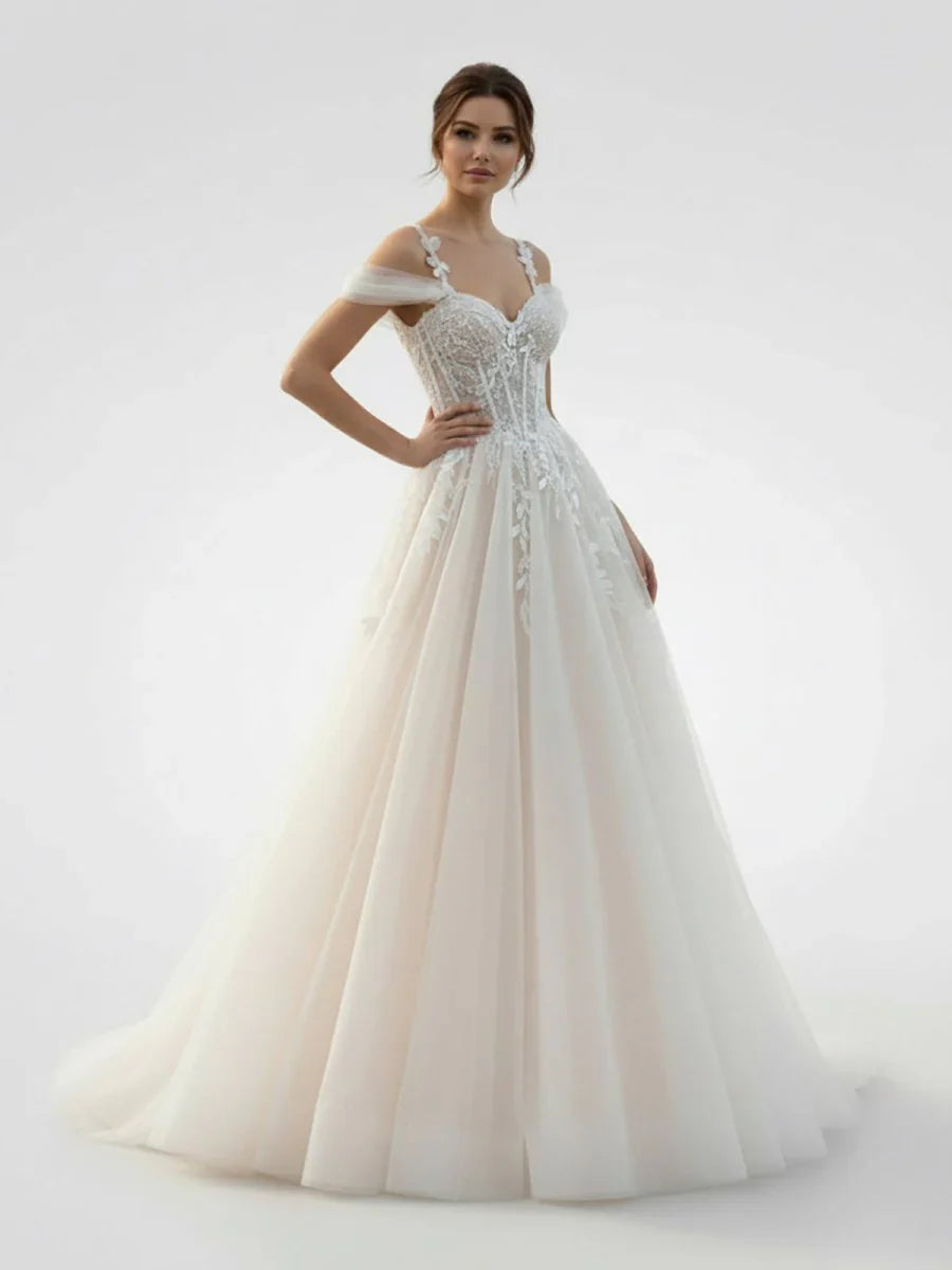 A Line Off The Shoulder Tulle Wedding Dresses With Appliques Lace