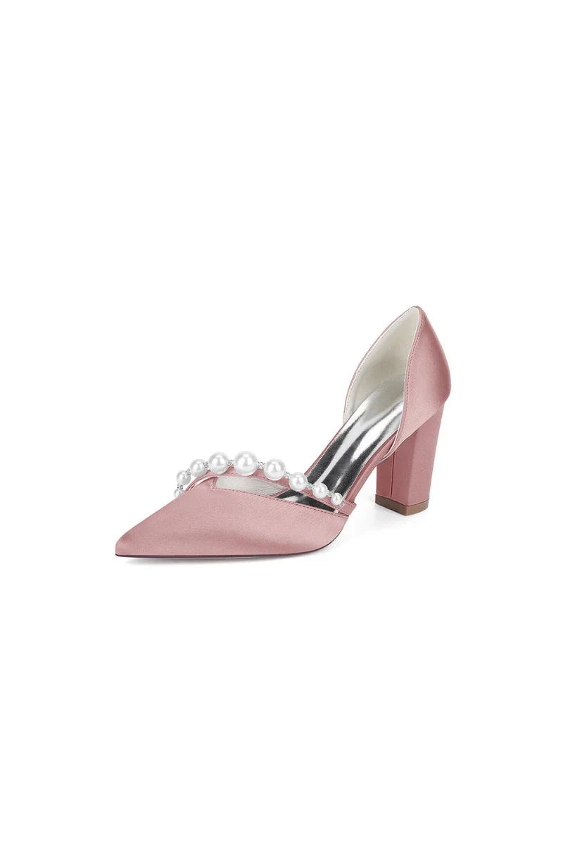 White Satin High Heels with Pearl Embellishments