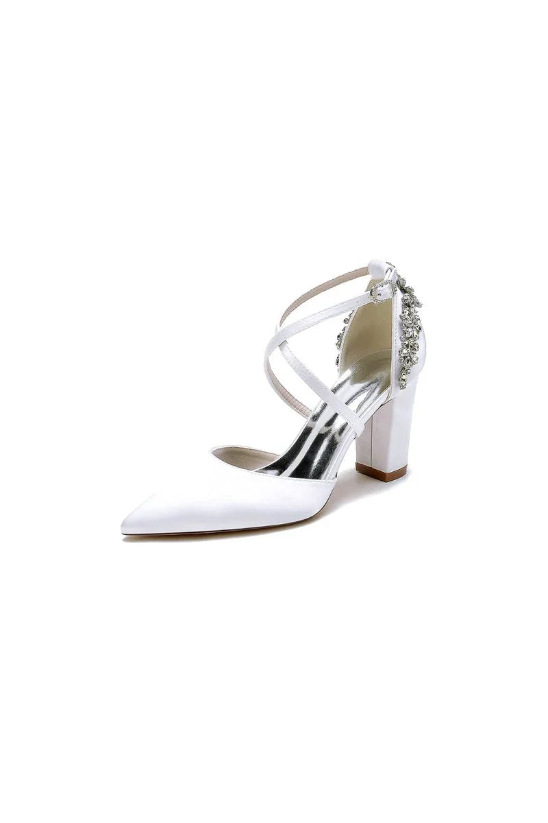 White Satin Pump with Cross Strap and Metal Accent