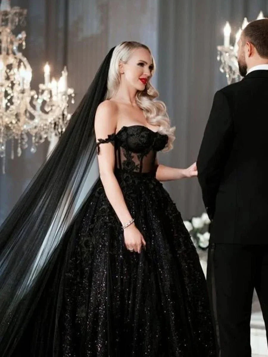 A Line Black Gothic Wedding Dresses with Sequin Lace Appliques
