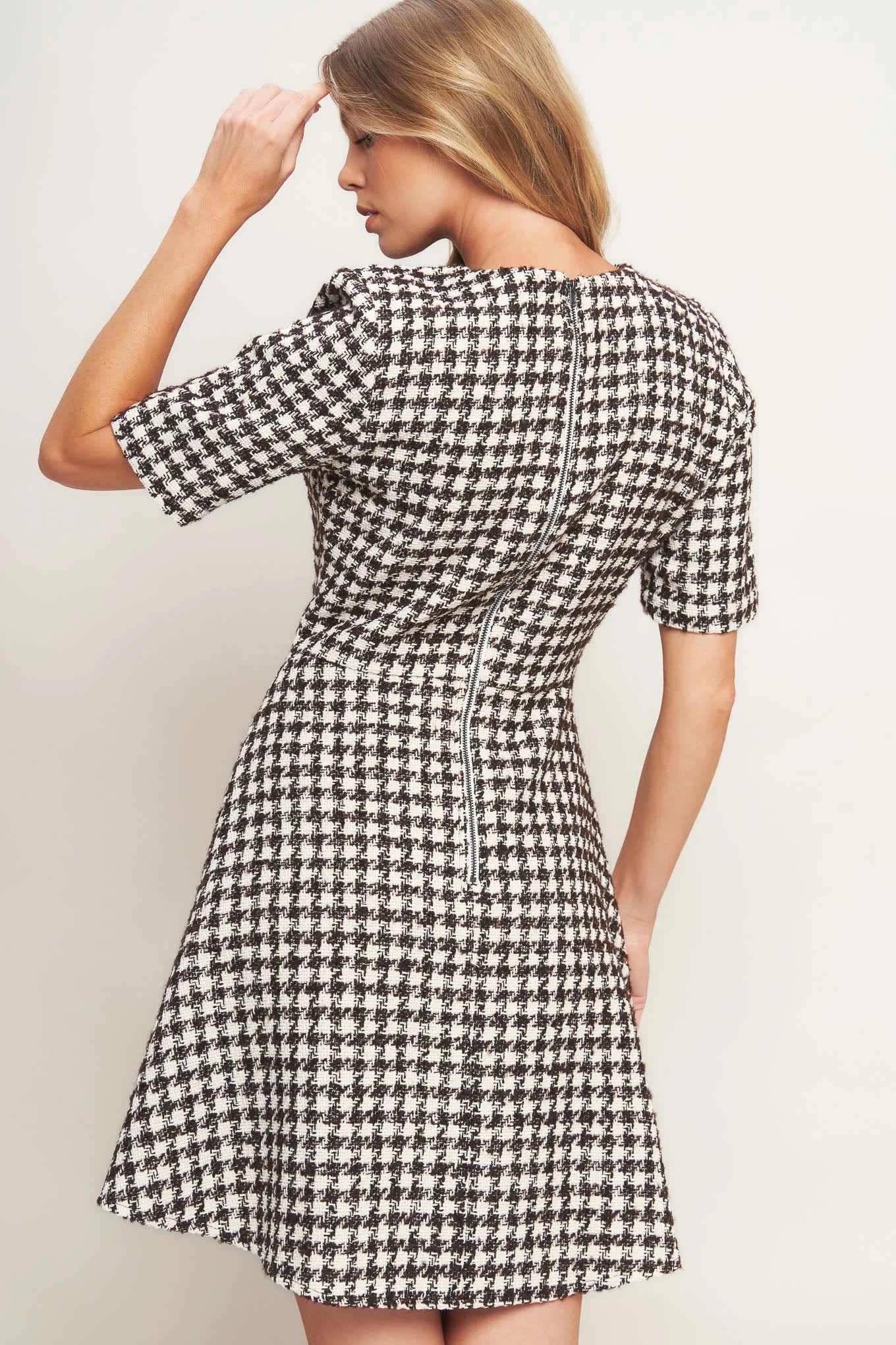 ELEGANT CHECK BROWN TWEED MINI DRESS FINAL SALE
