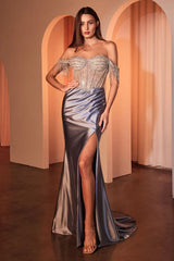 LANA GOWN EMBELLISHED OFF THE SHOULDER SATIN GOWN