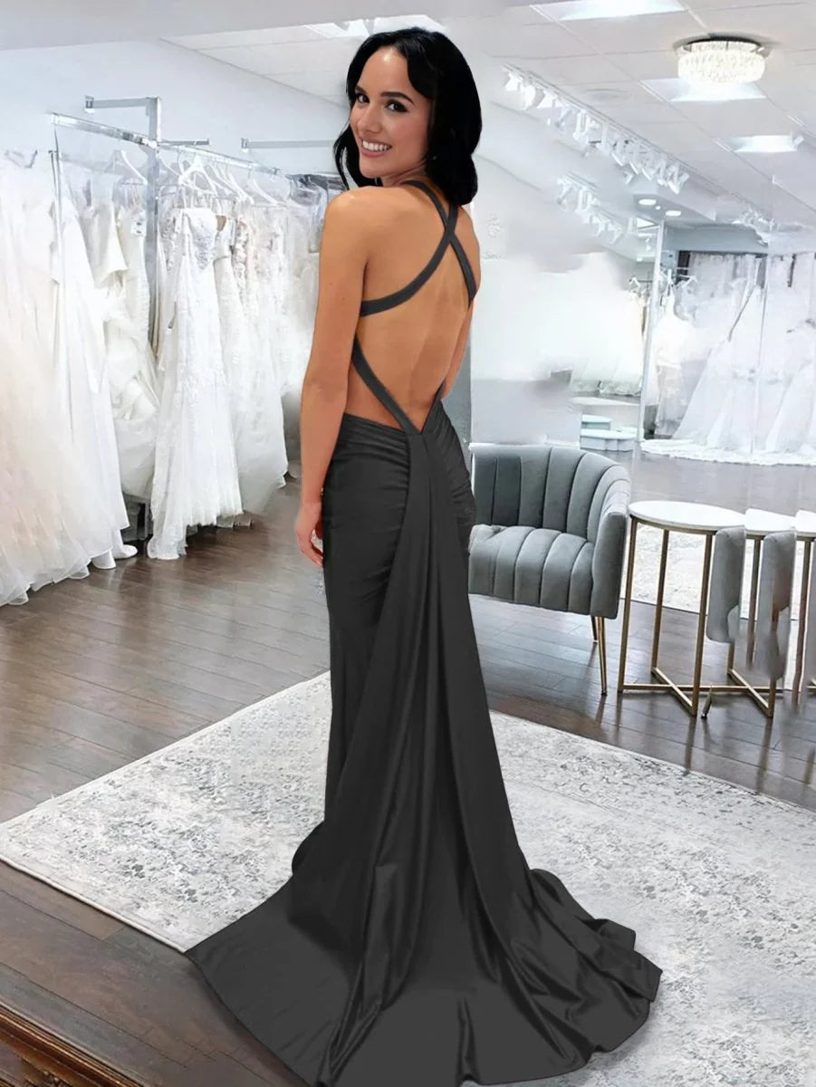 Angela Mermaid Pink V Neck Backless Satin Long Prom Dress