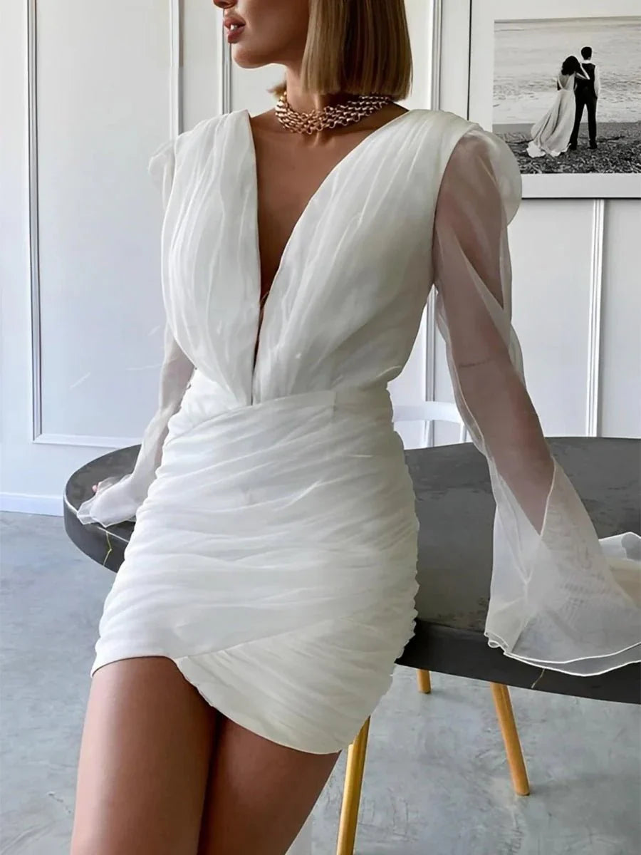 Sheath V Neck Long Sleeves Short Mini Tulle Little White Wedding Dresses