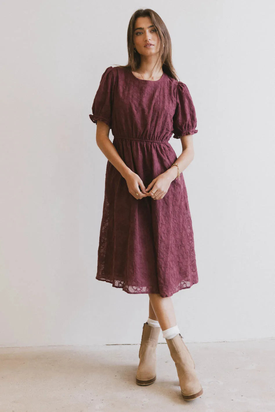 Cecy Embroidered Midi Dress in Burgundy FINAL SALE