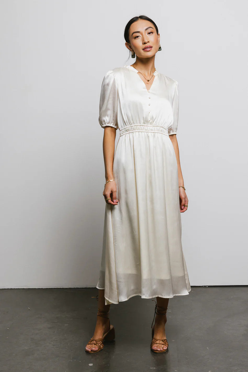 V Neck Satin Midi Dress in Cream