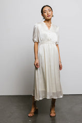 V Neck Satin Midi Dress in Cream
