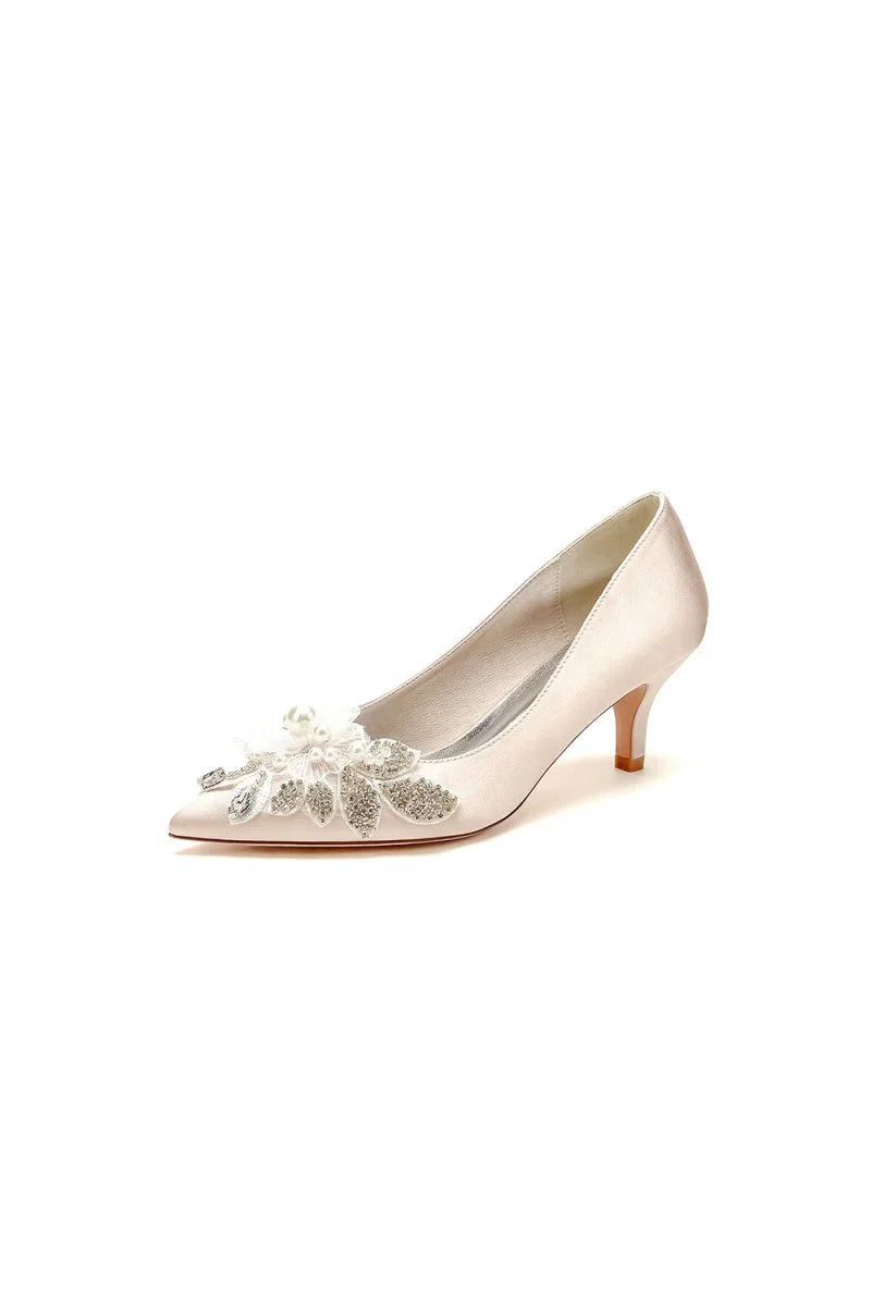 Floral Beading Pointed Toe Satin Kitten Heels