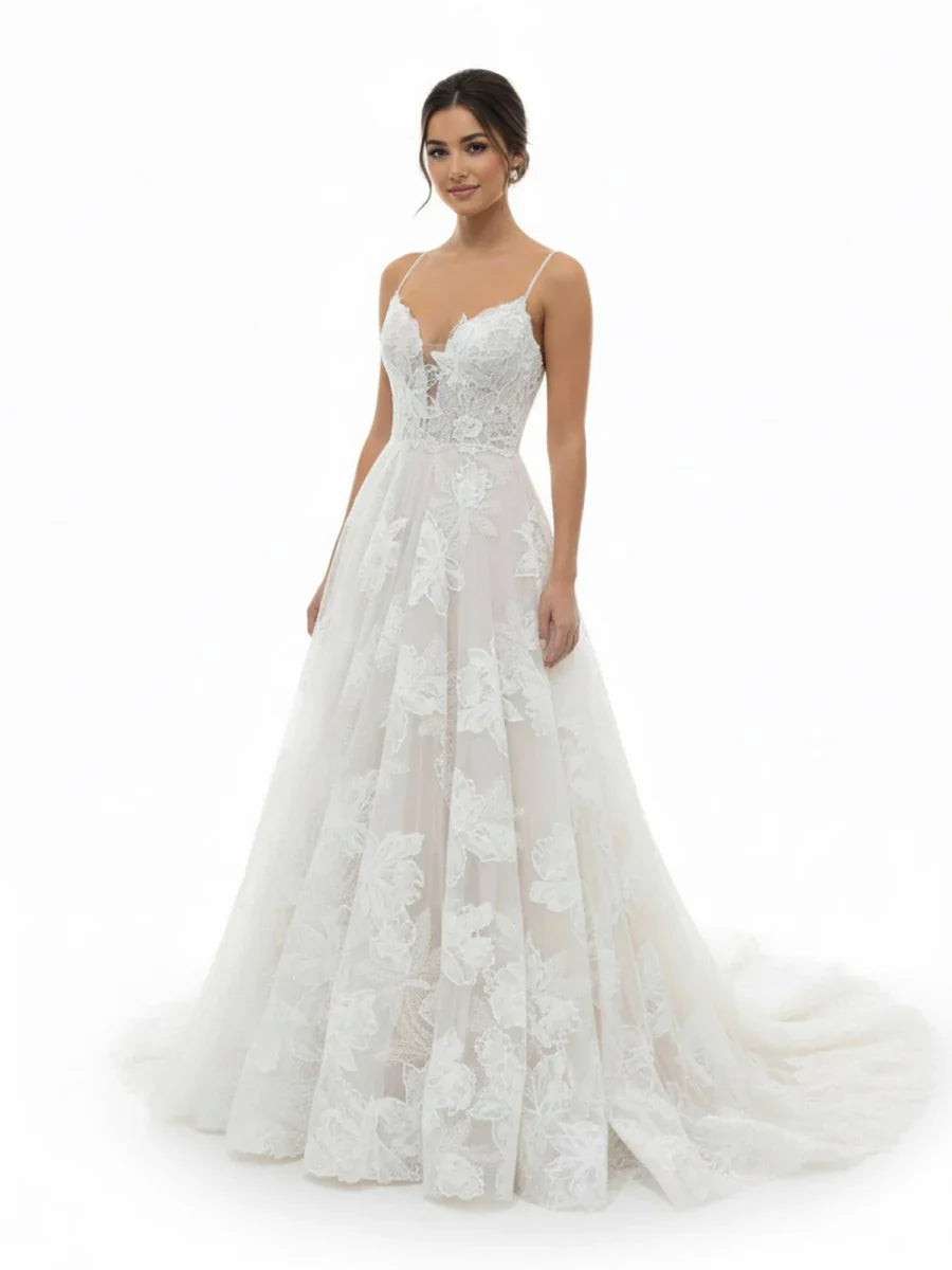 Boho White A Line Lace Appliques Wedding Dress