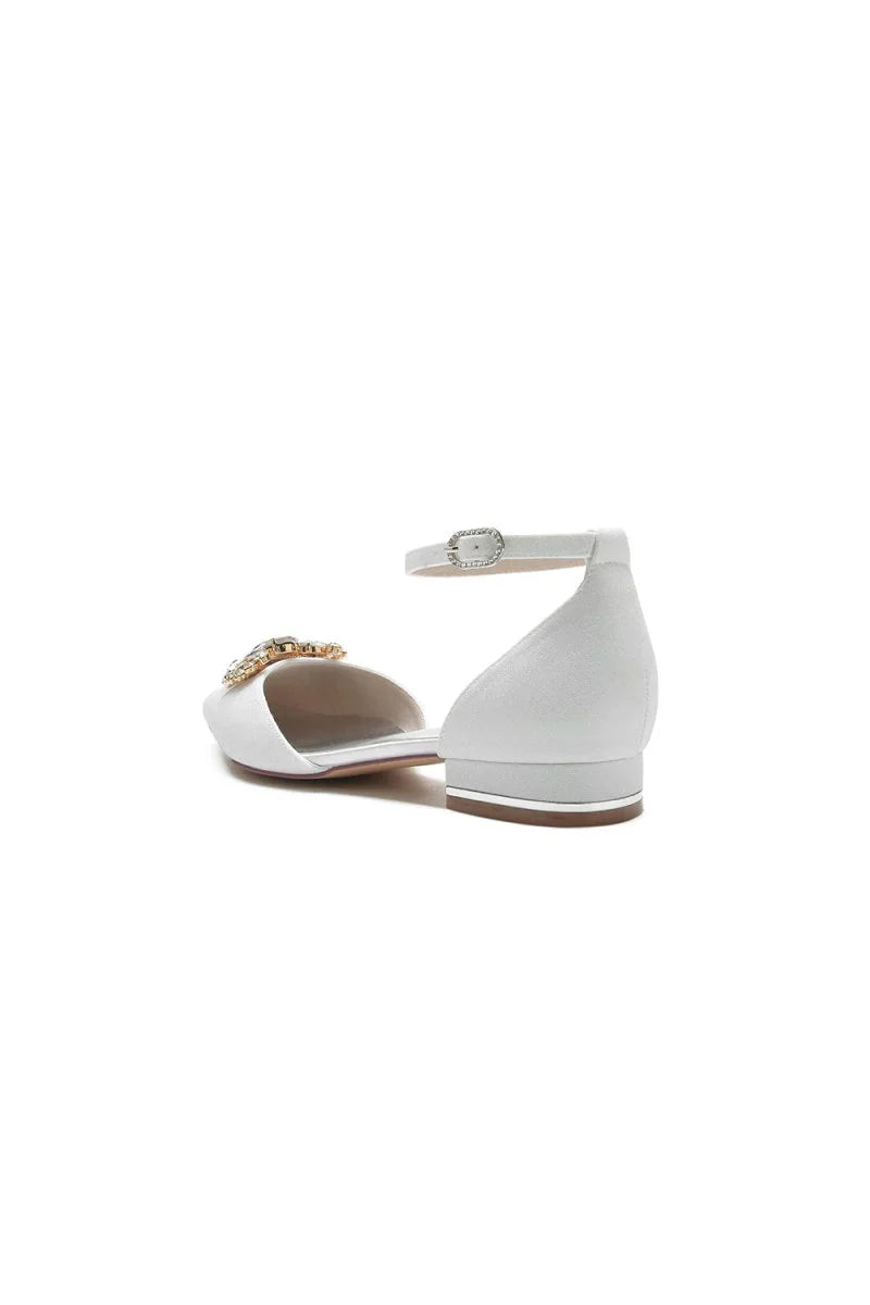 Pointed Toe Glitter Ankle Strap Low Heels With Rhinestone