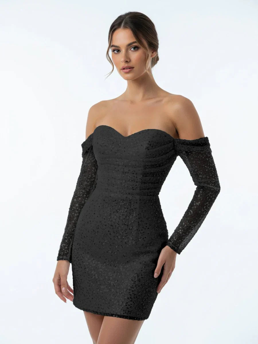 Chic Short Sequined Backless Wedding Dress With Long Detachable Sleeves