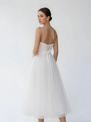 A Line Spaghetti Straps White Satin Tulle Tea Length Wedding Dresses