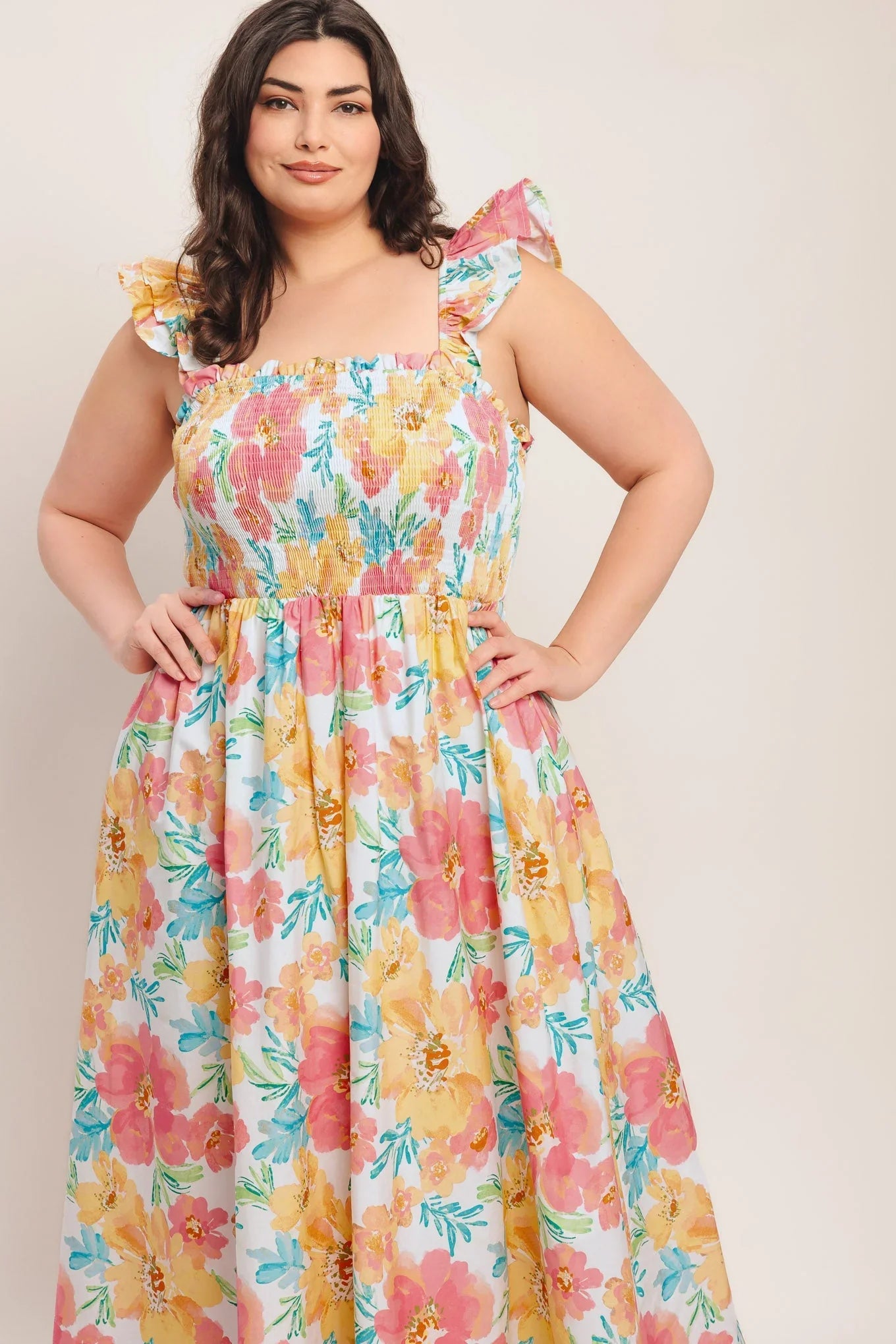SOFT SUNSHINE FLORAL MIDI DRESS