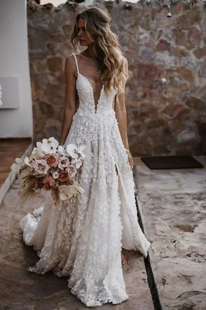 White Boho A Line Lace Wedding Dress with Appliques