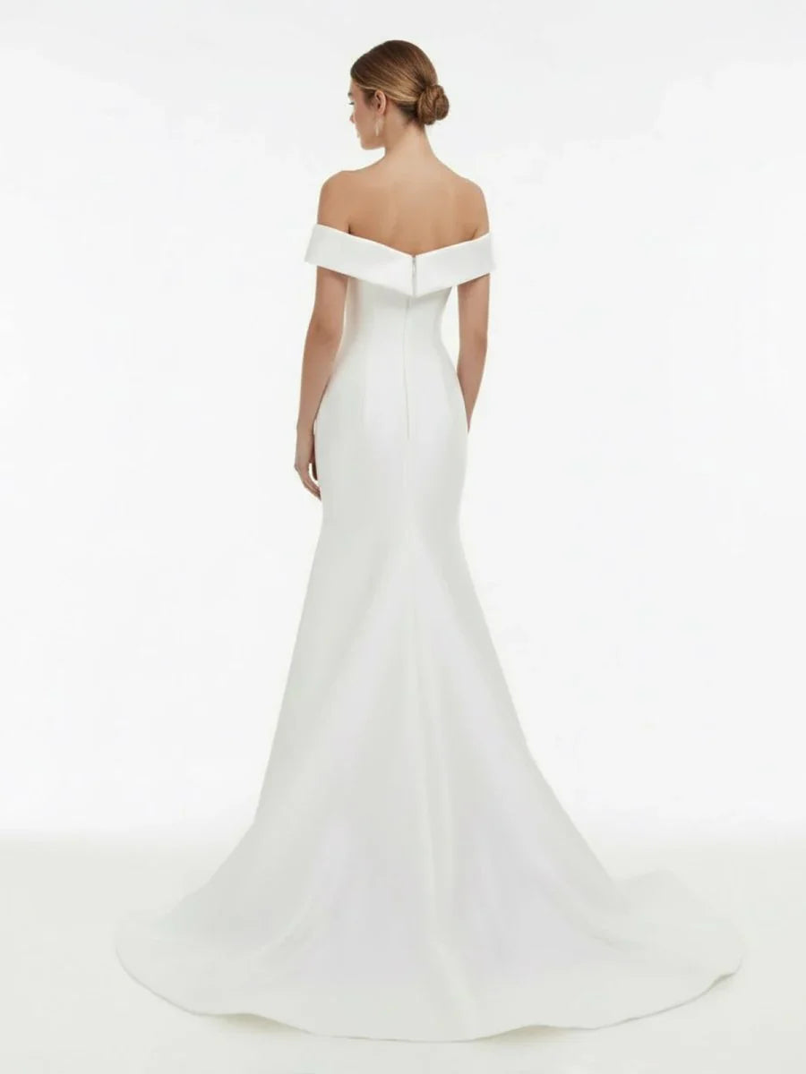 Chic Satin Off the Shoulder Sleeveless Sweep Train Bridal Dress