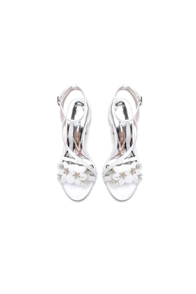 White Open Toe Ankle Strap Chunky Heels with Rhinestone Flower