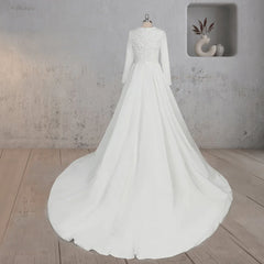 A Line White Long Sleeves Appliqued Wedding Dresses with Train