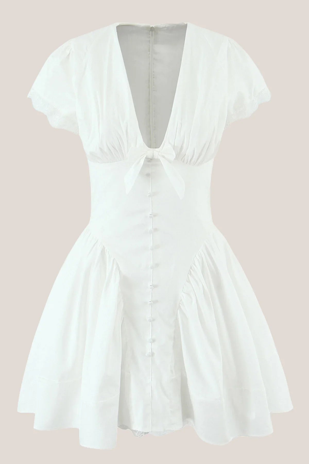White Cotton A Line V Neck Mini Dress