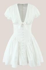 White Cotton A Line V Neck Mini Dress
