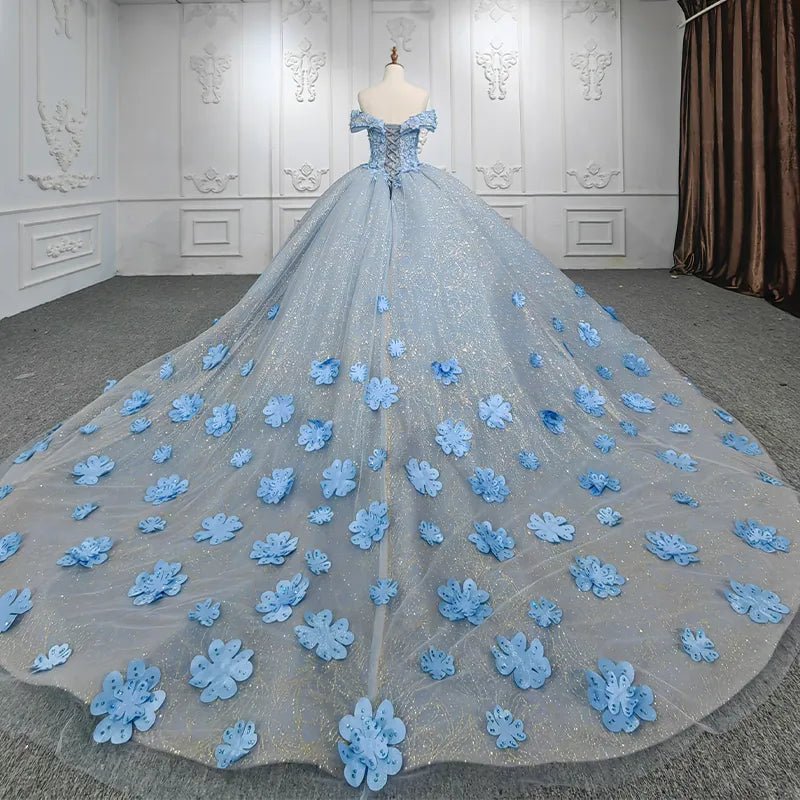Quinceanera Blue Off the Shoulder Ball Gown Flower Dress