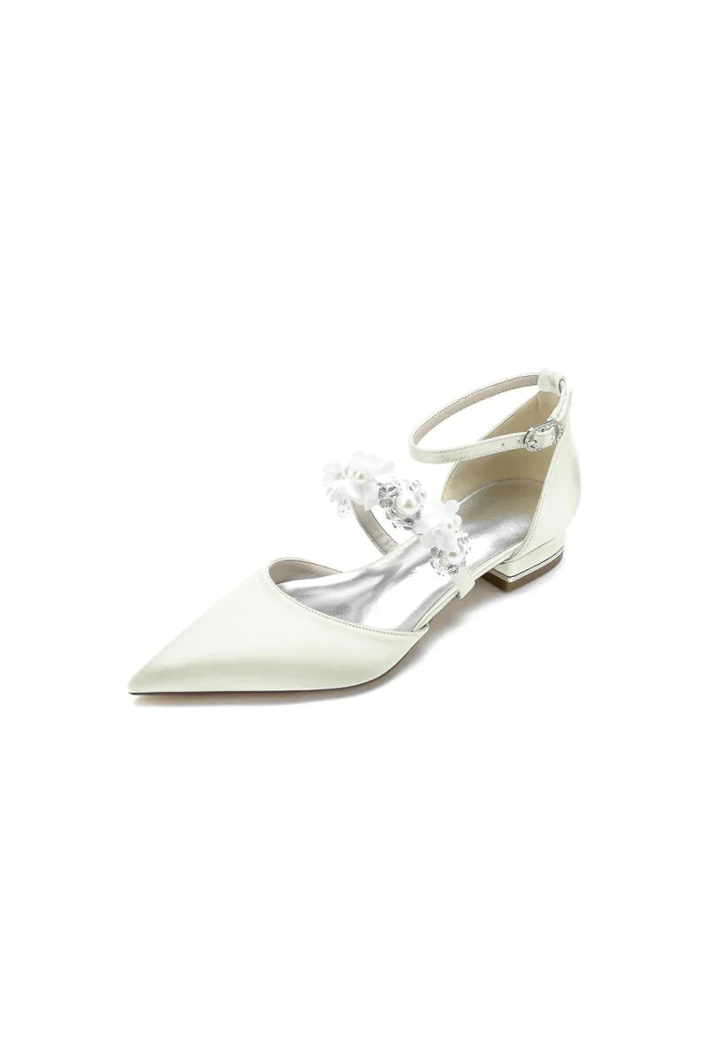 Flower Pearl Buckle Strap Pointed Toe Flats