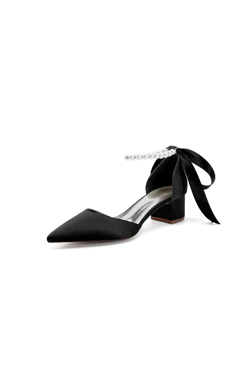 Pointed Toe Satin Pearl Ankle Strap Block Heels With Ribbon Tie