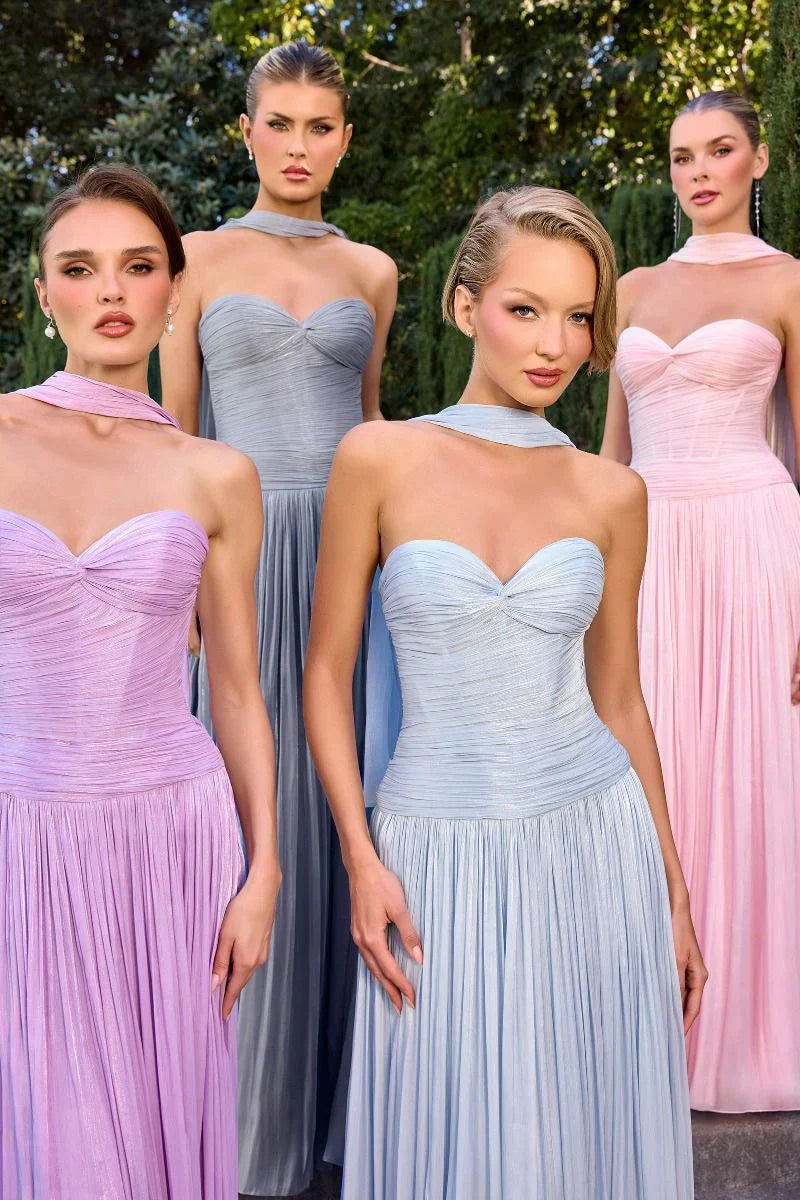 Linnea Gown Strapless Shimmer Chiffon Dress with Scarf