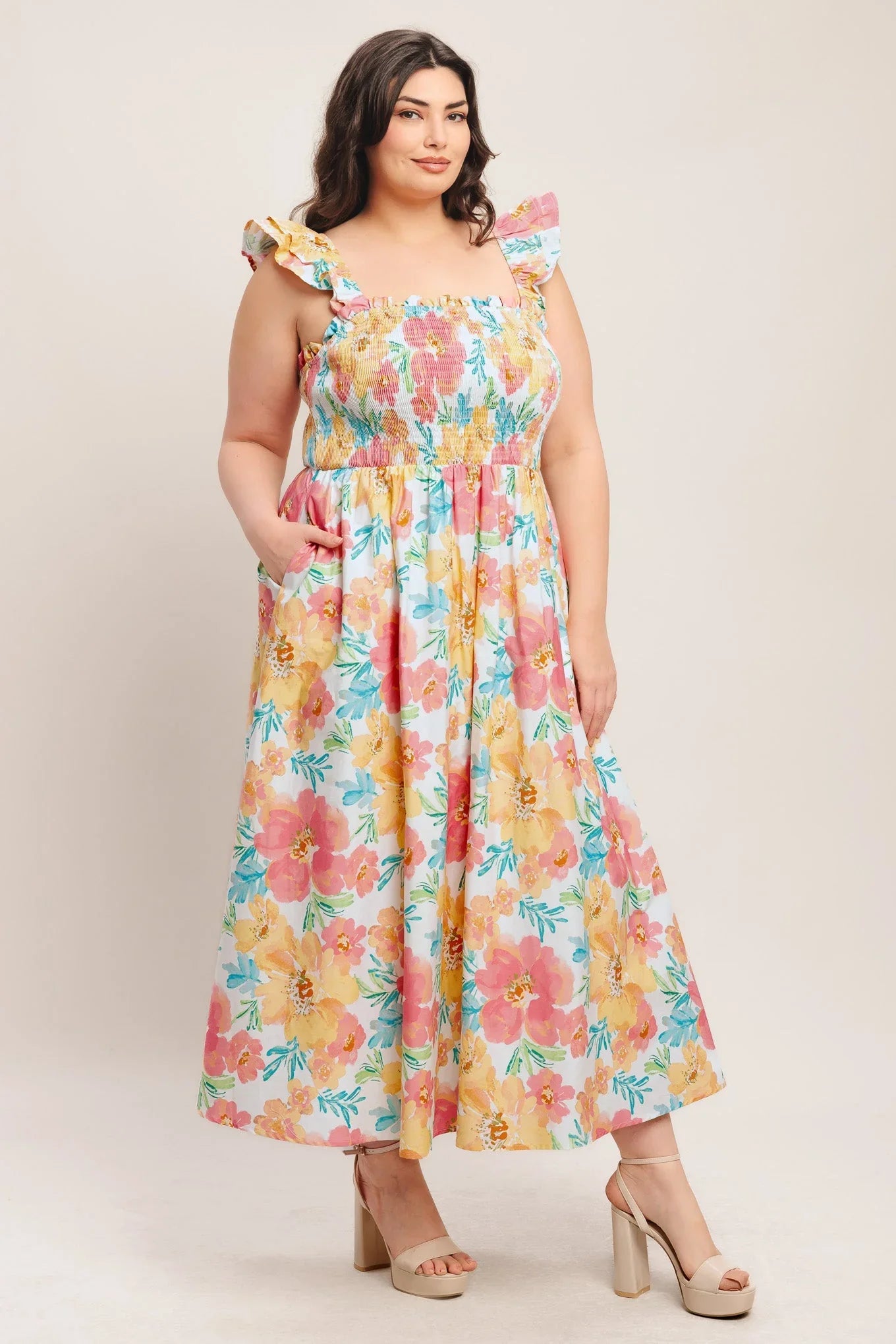 SOFT SUNSHINE FLORAL MIDI DRESS