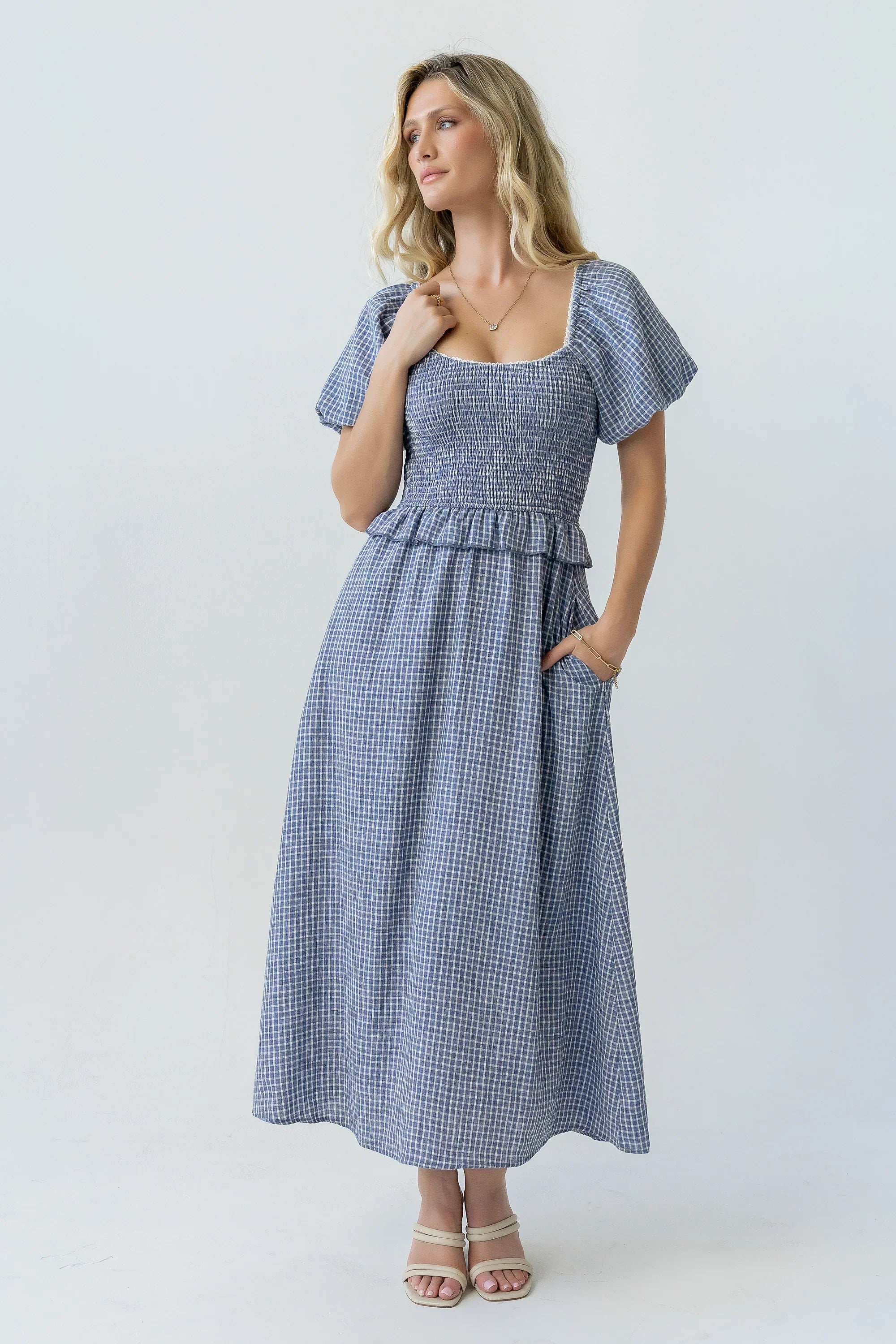 Renley Plaid Midi Dress in Navy