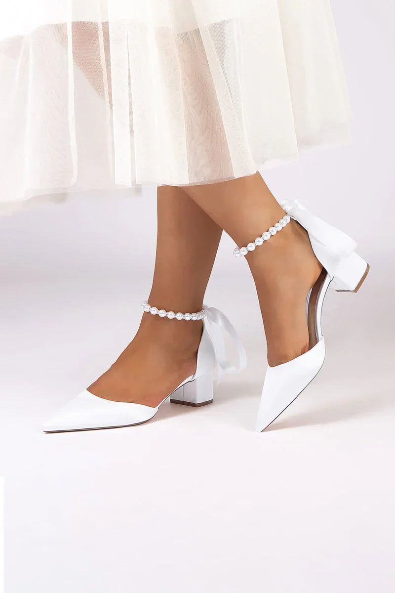 Pointed Toe Satin Pearl Ankle Strap Block Heels With Ribbon Tie