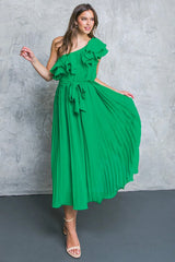 SUN KISSED STYLE GREEN ONE SHOULDER RUFFLE MIDI DRESS