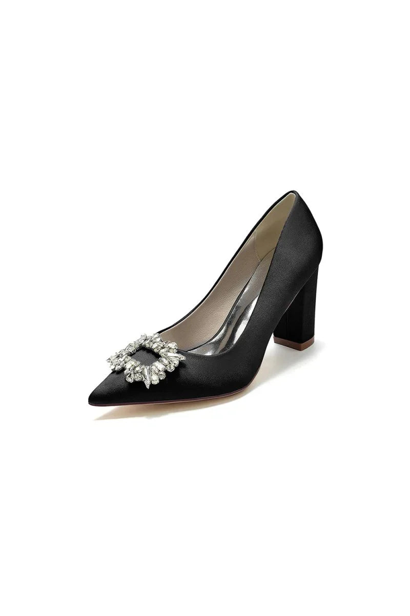 Pointed Toe Block Heels with Rhinestone