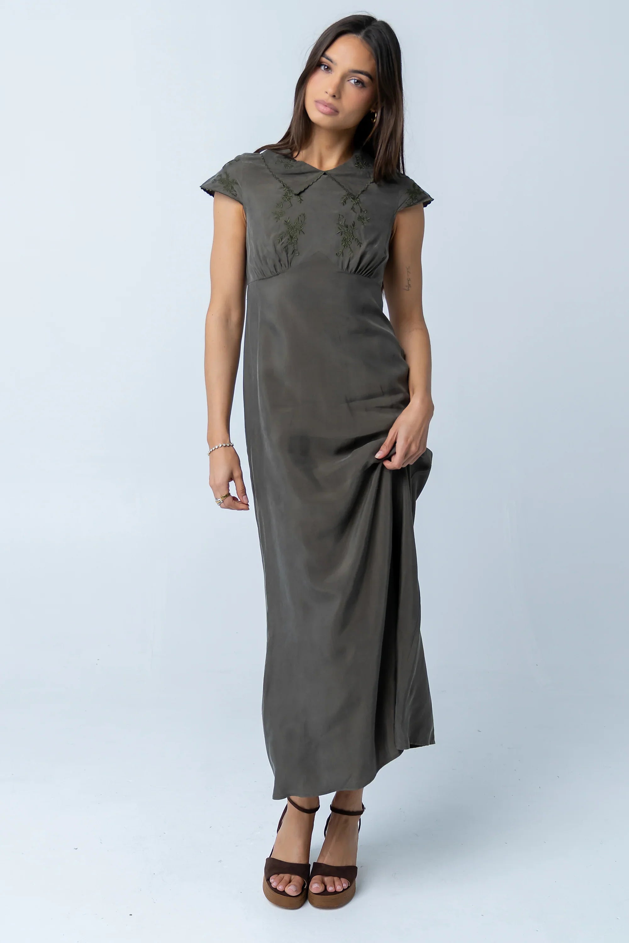 Tammy Embroidered Maxi Dress in Olive