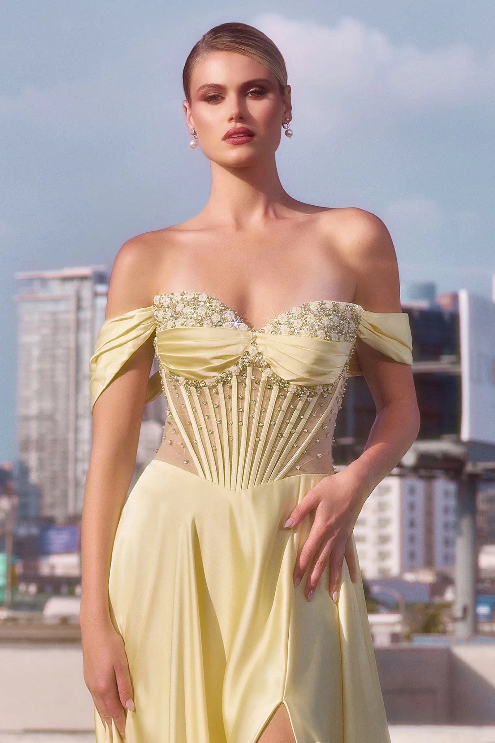 Melanie Gown A line Dress with Beaded Bodice Corset Back