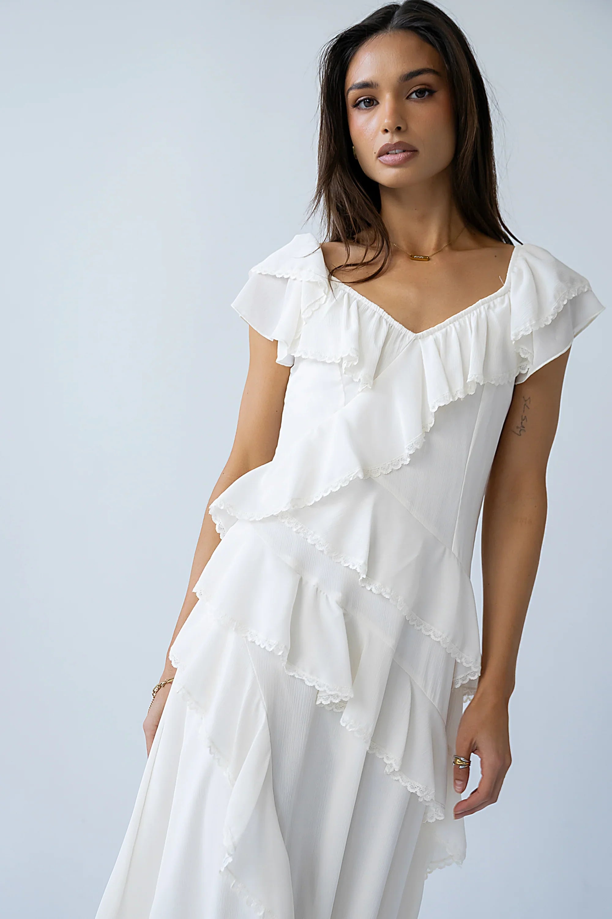 Quinton Ruffle Maxi Dress in Cream