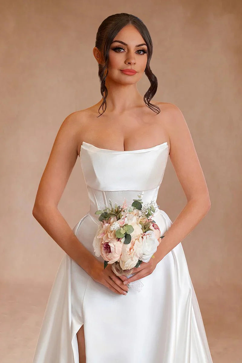 White Strapless Satin A Line Wedding Dresses