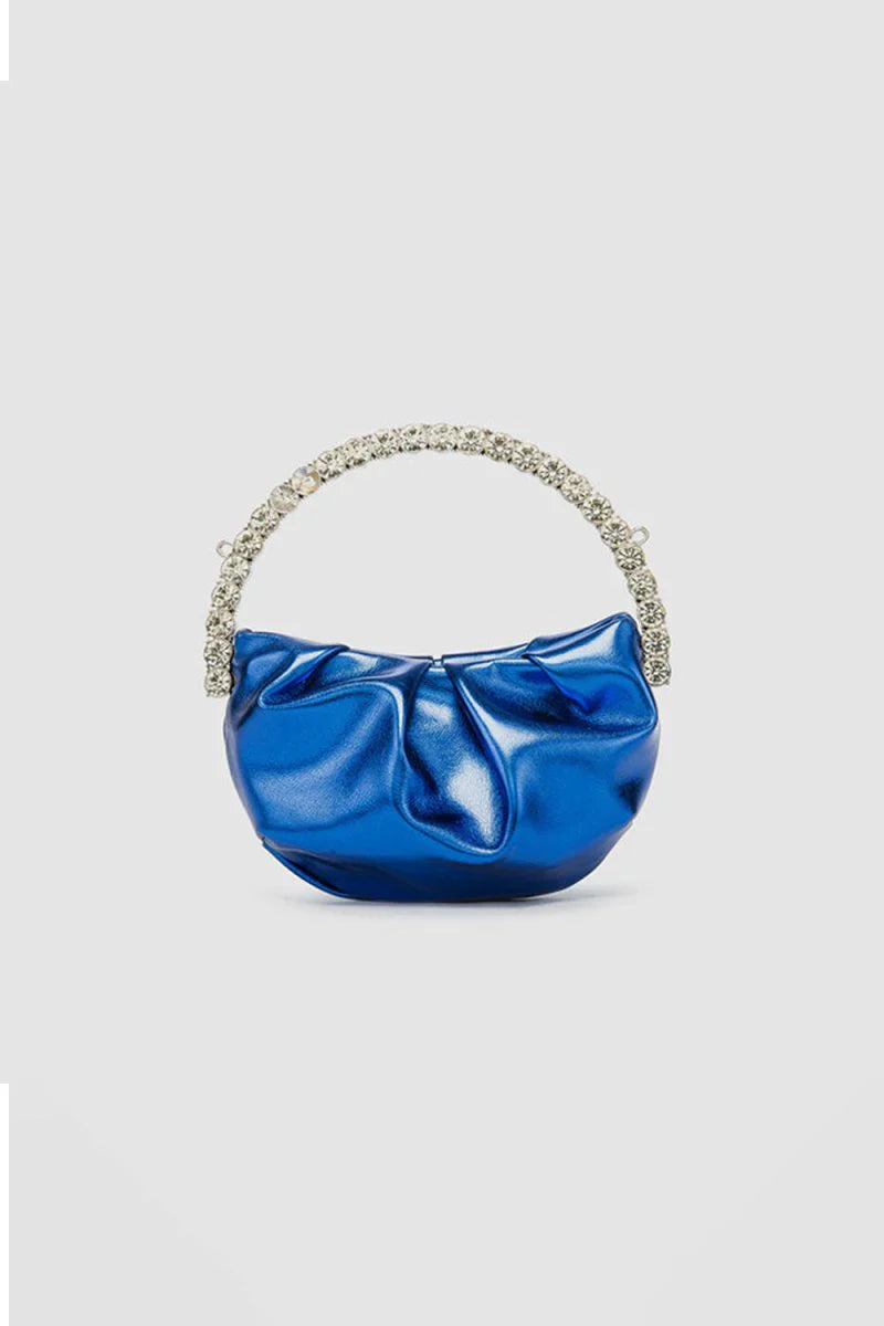Womens Rhinestone Handle Metallic Slouchy Evening Clutch Bags
