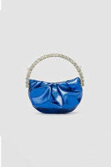 Womens Rhinestone Handle Metallic Slouchy Evening Clutch Bags