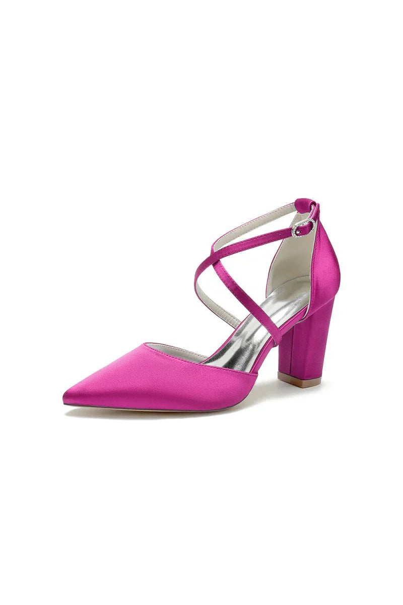 White Satin Pump with Cross Strap and Metal Accent
