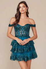 BRENNA MINI DRESS TEAL OFF SHOULDER TIERED SHORT DRESS