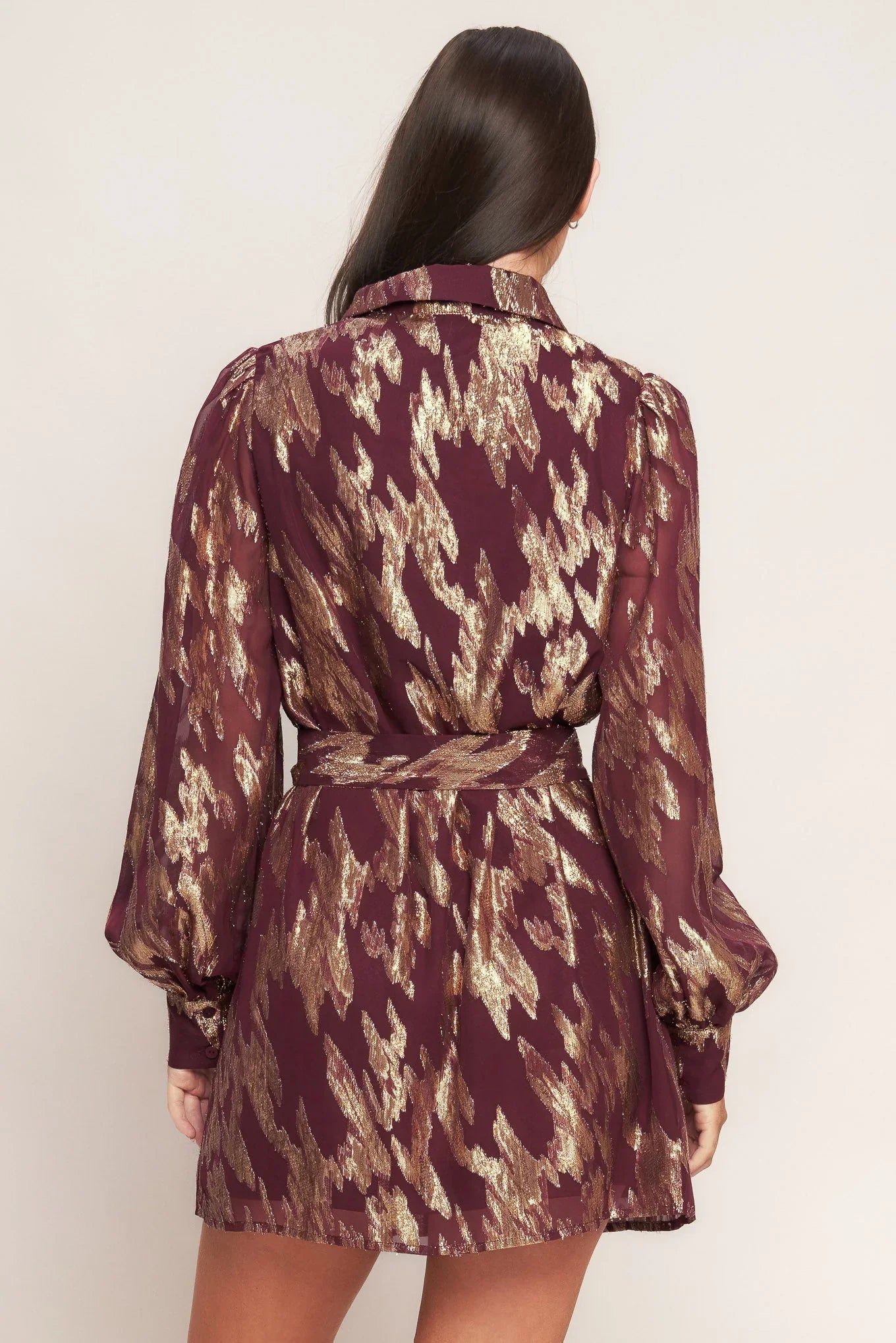 METALLIC MUSE BURGUNDY LONG SLEEVE MINI DRESS