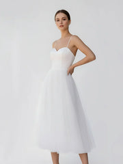 A Line Spaghetti Straps White Satin Tulle Tea Length Wedding Dresses