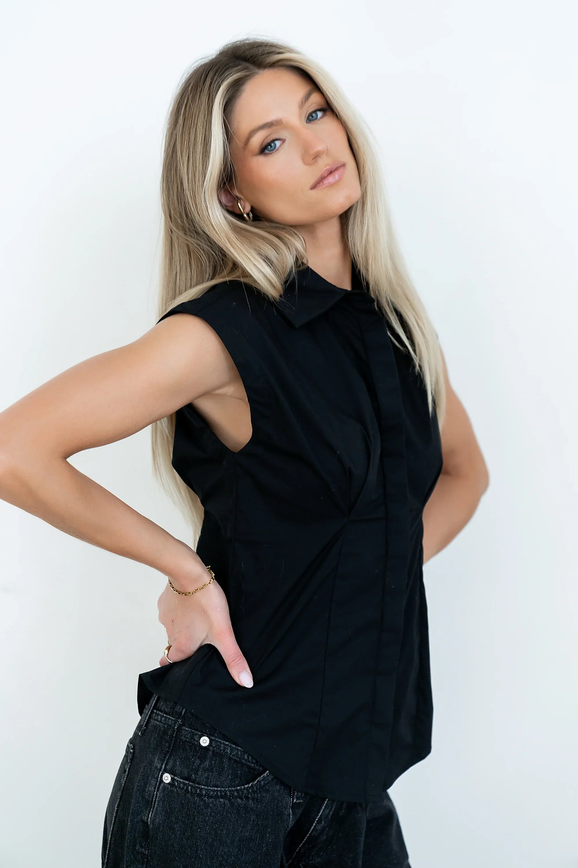 Remi Pleated Button Up in Black