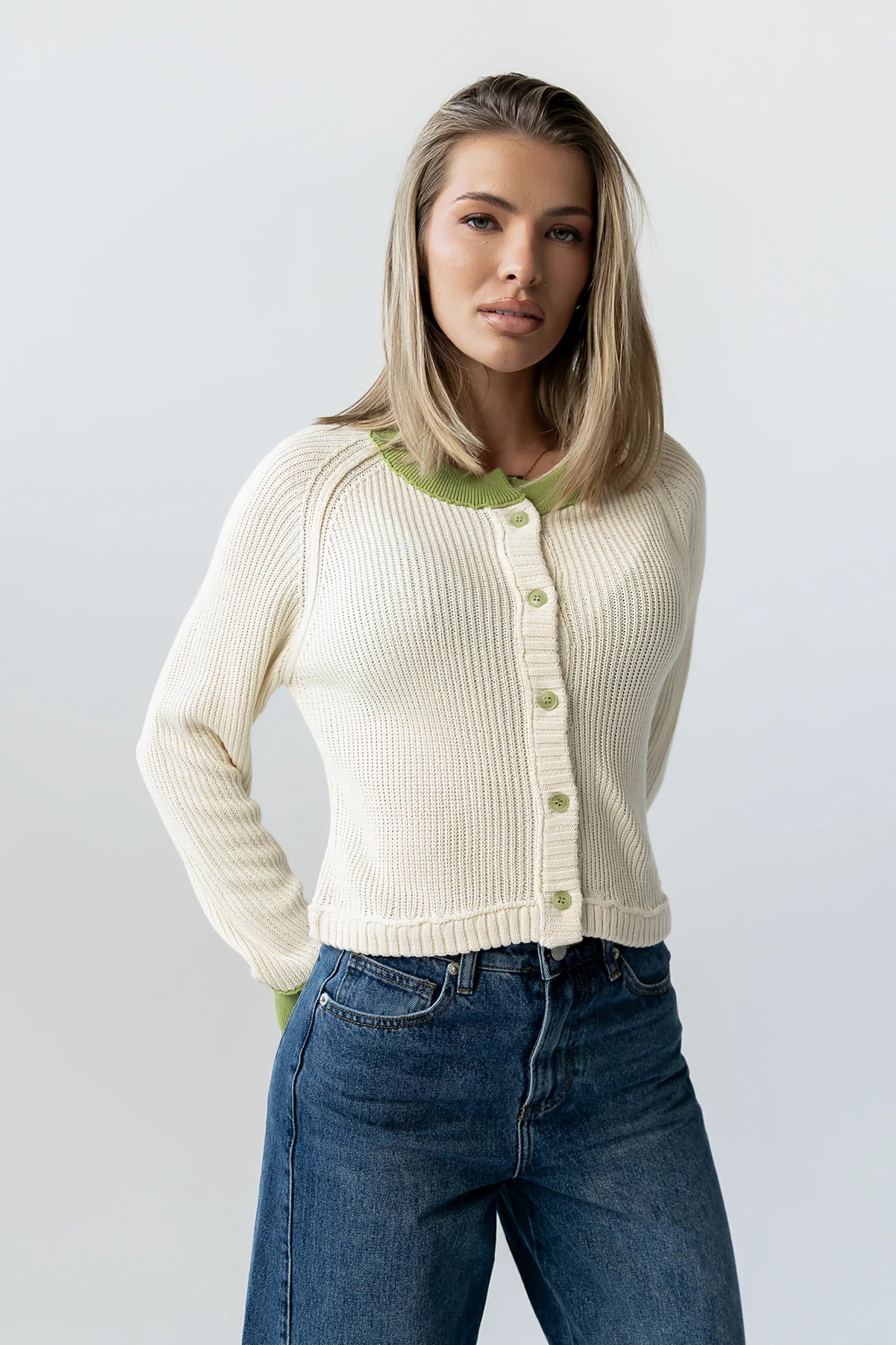 Ella Contrast Cardigan in Green